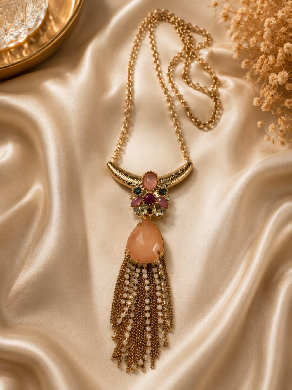 Gold Peach Crystal Tassel Statement Necklace – Jeweled Fringe Pendant Jewelry
